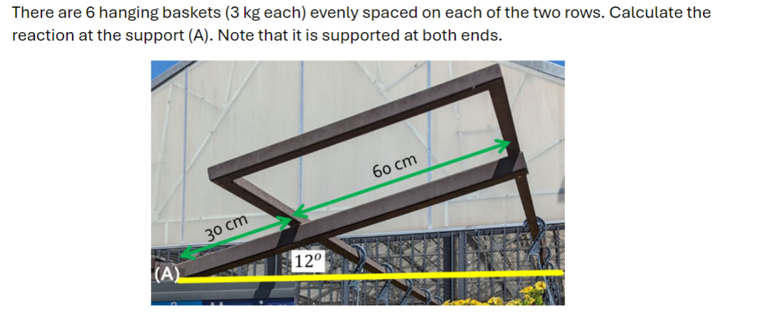 There are 6 hanging baskets ( 3 kg each ) evenly