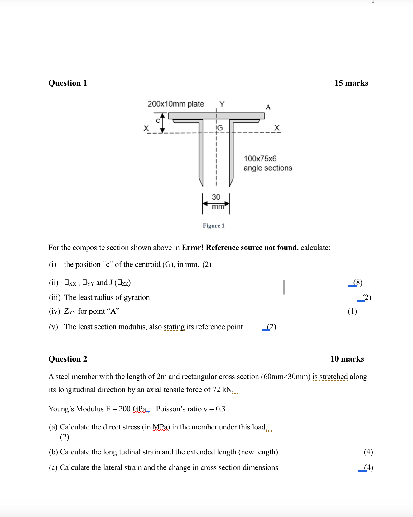 Question 1 1 5 marks For the composite section