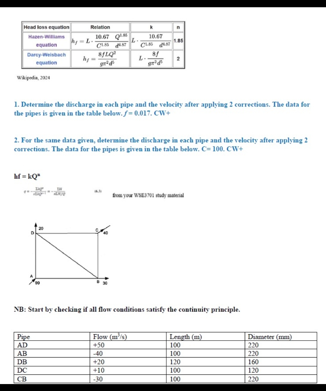 \ table [ [ Head loss equation,Relation,k , n ] ,