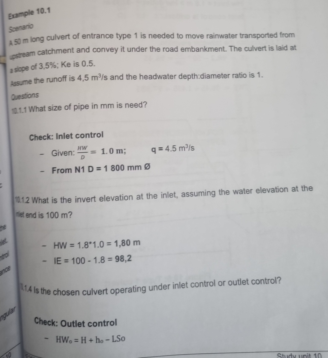 Example 1 0 . 1 Scenario A 5 0 m long culvert of