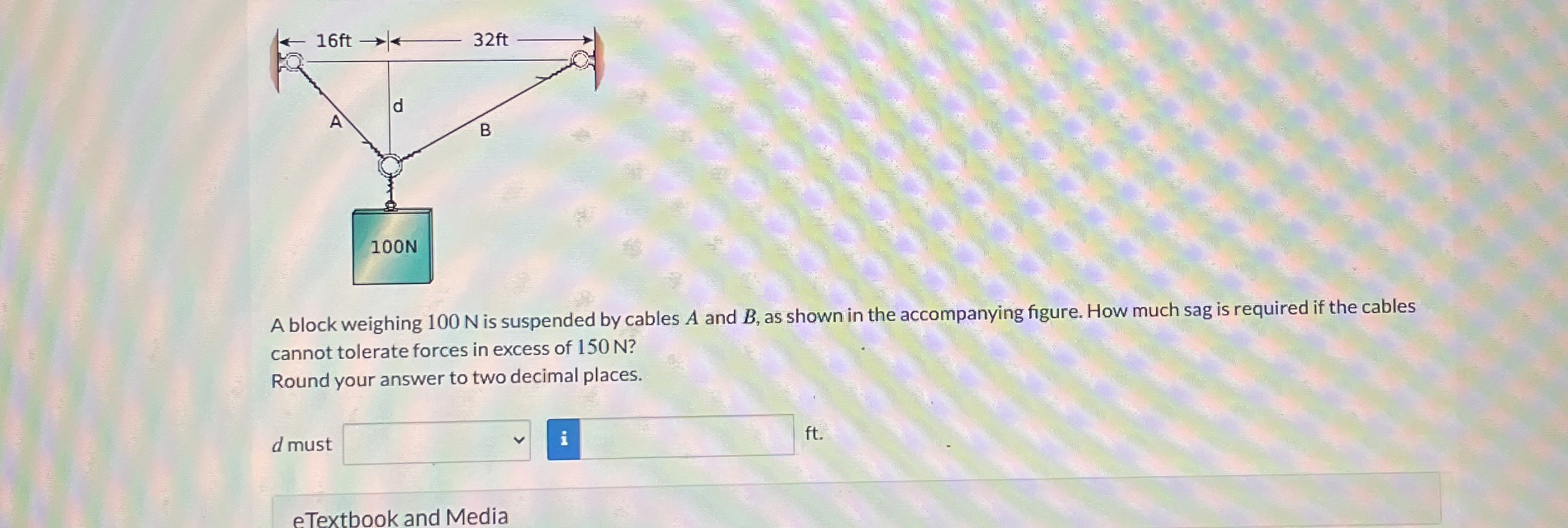 A block weighing 1 0 0 N is suspended by cables A