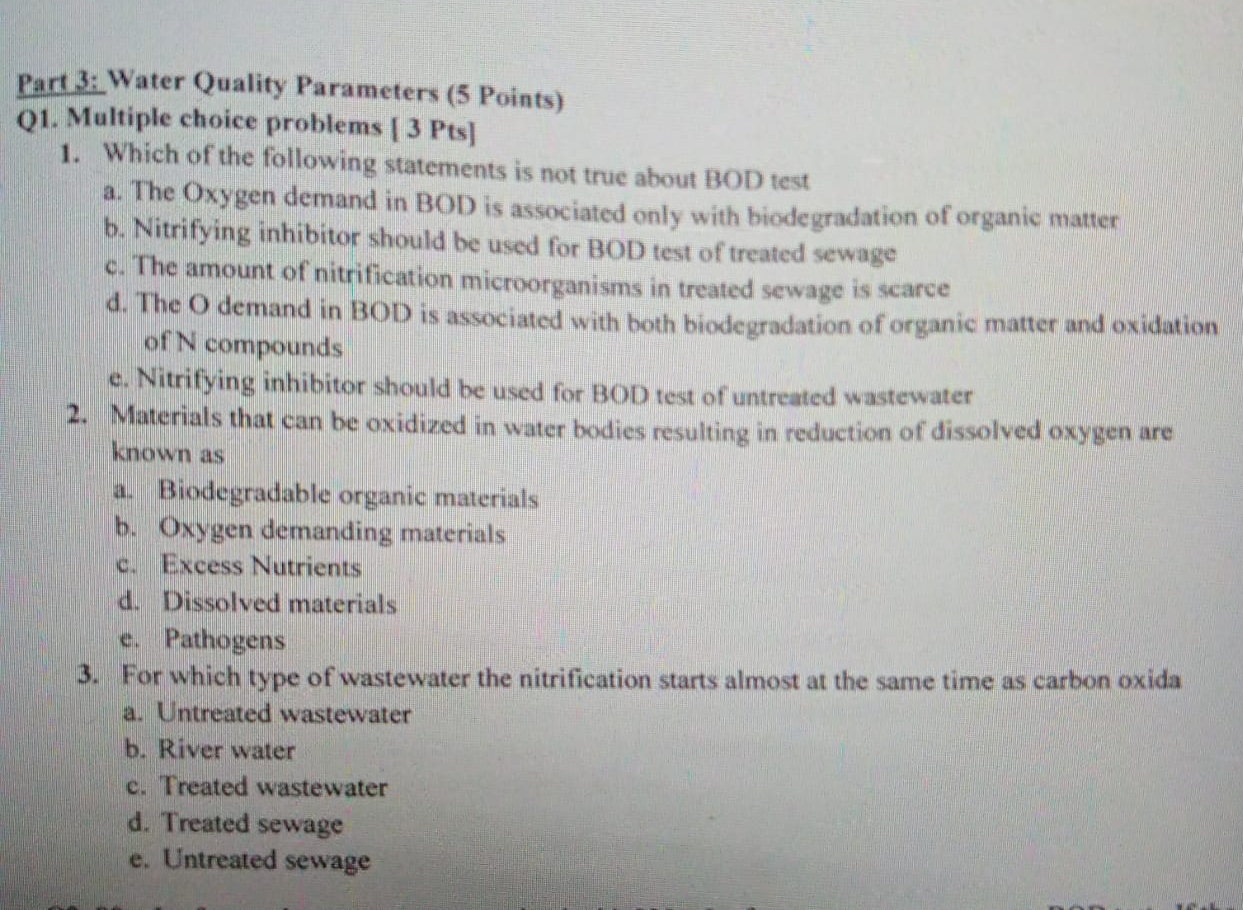 Part 3 : Water Quality Parameters ( 5 Points ) Q