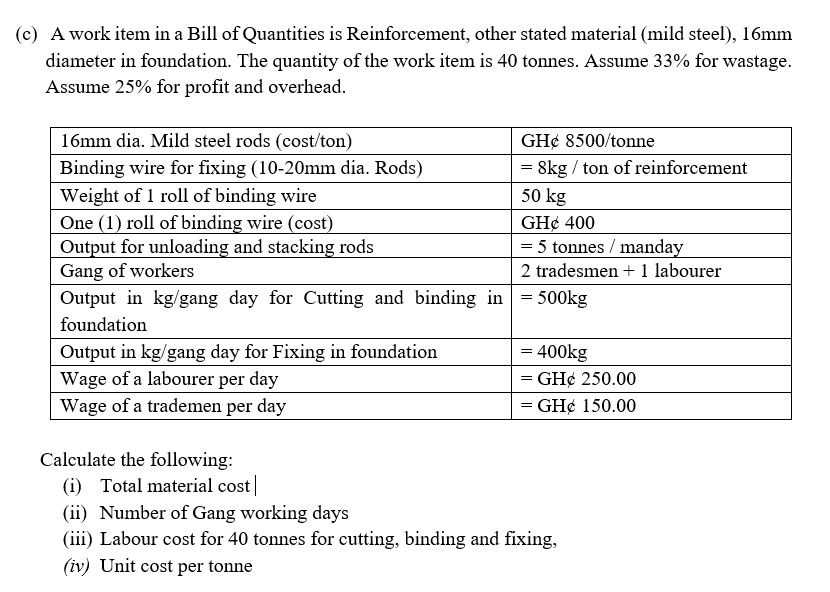 ( c ) A work item in a Bill of Quantities is
