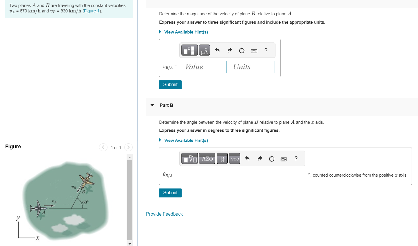 Two planes A and B are traveling with the
