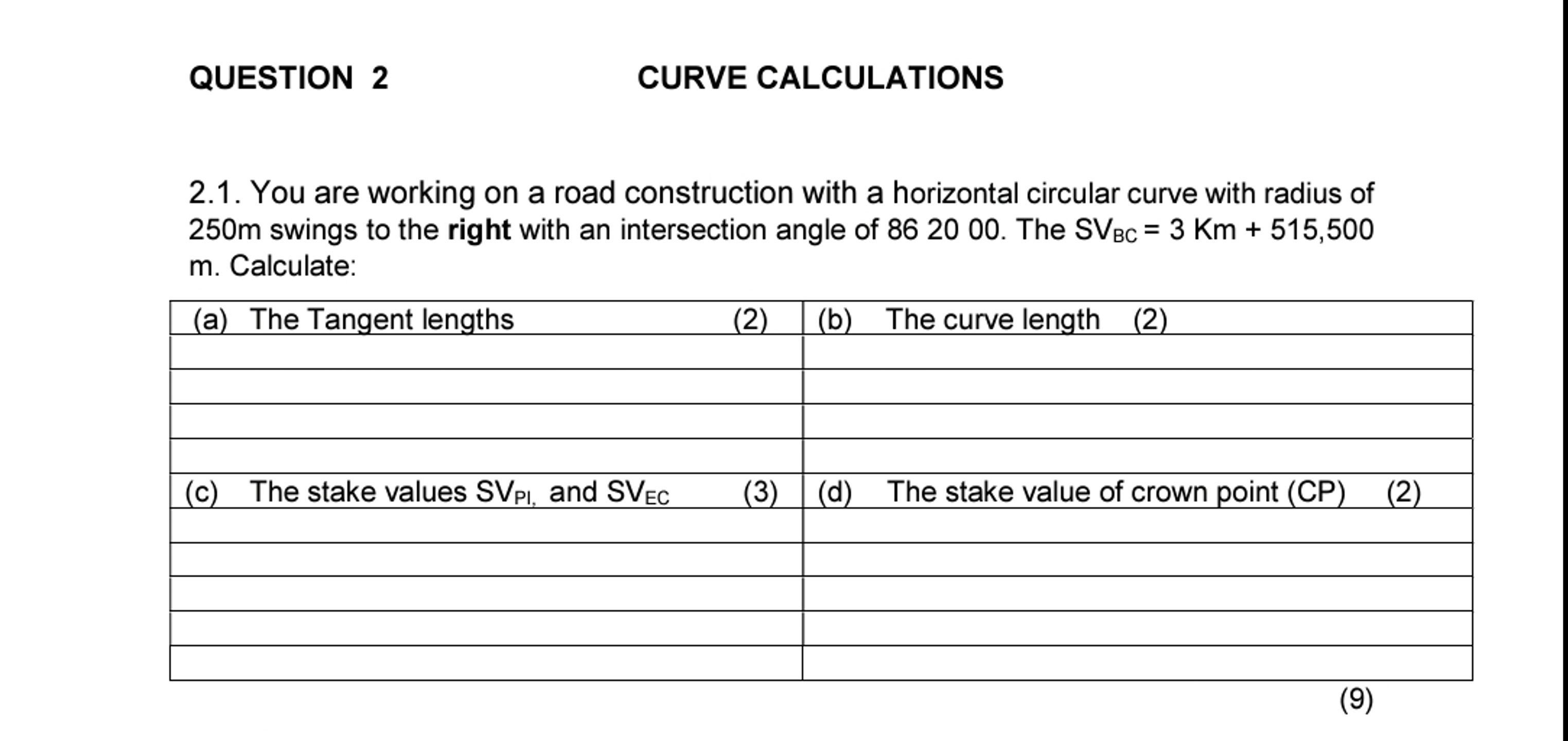 QUESTION 2 CURVE CALCULATIONS 2 . 1 . You are