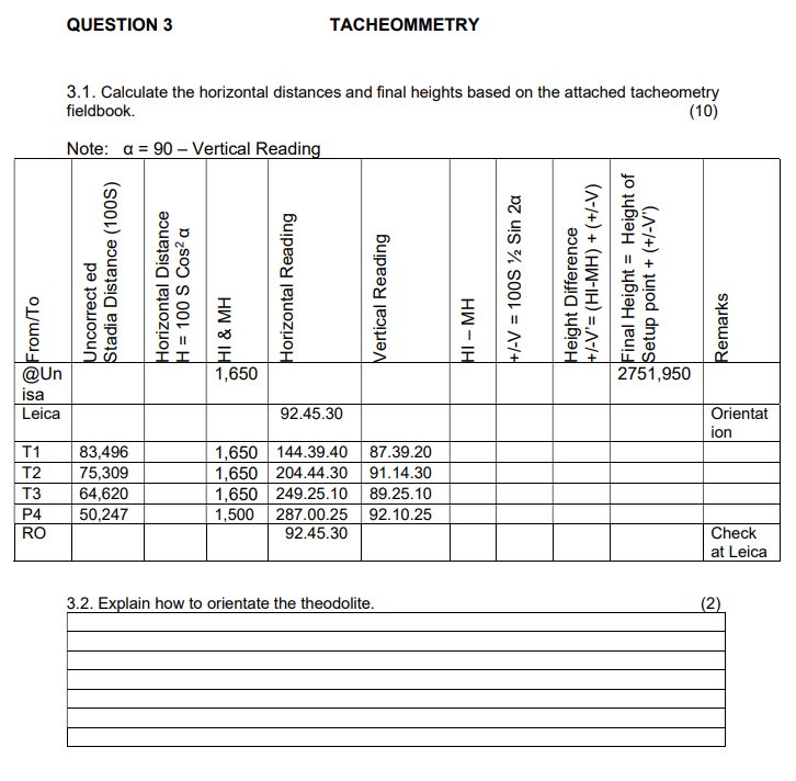 QUESTION 3 TACHEOMMETRY 3 . 1 . Calculate the