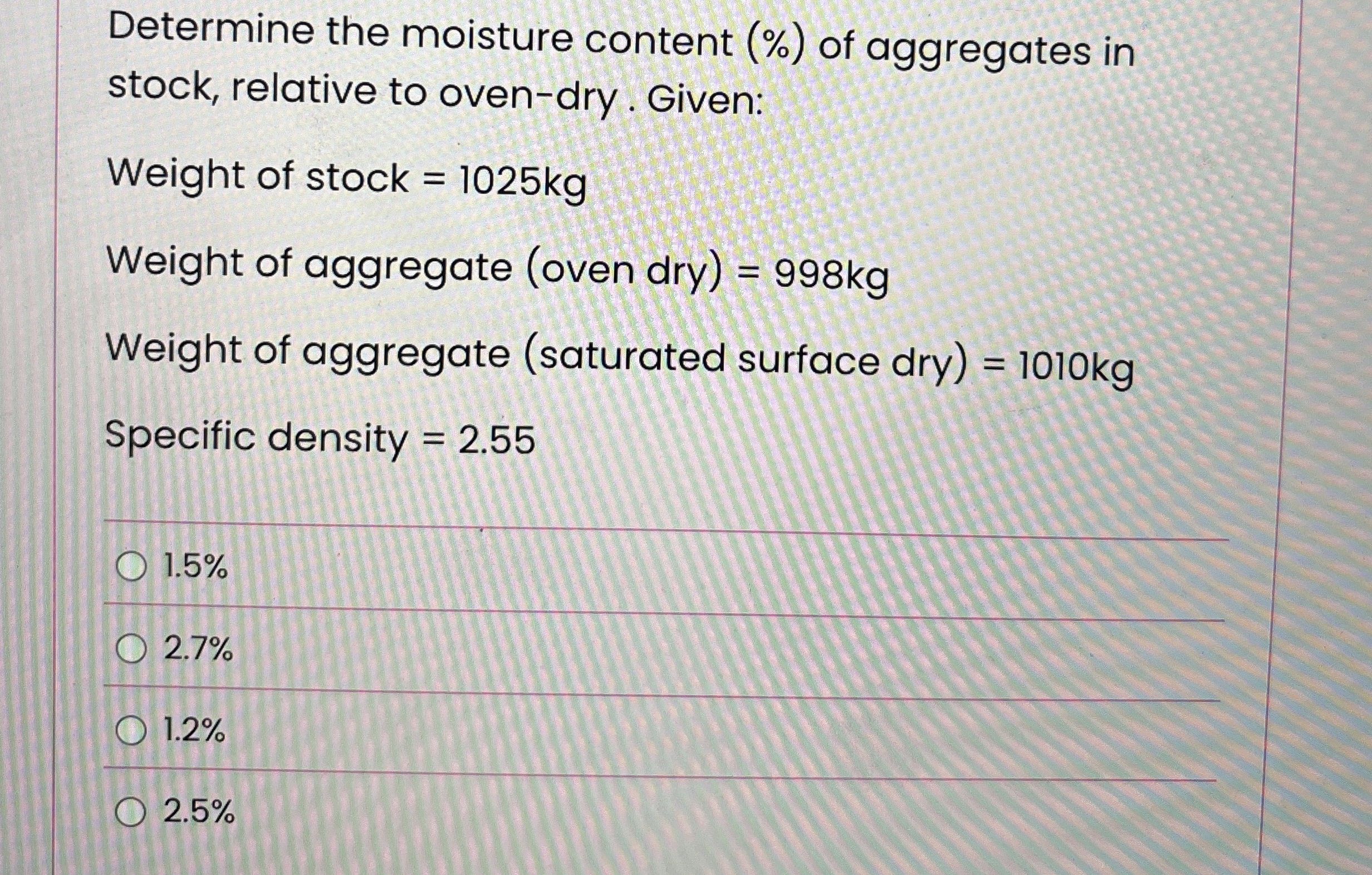Determine the moisture content ( % ) of