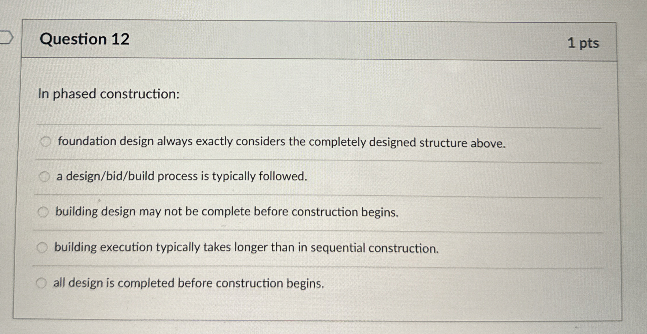 Question 1 2 1 pts In phased construction: