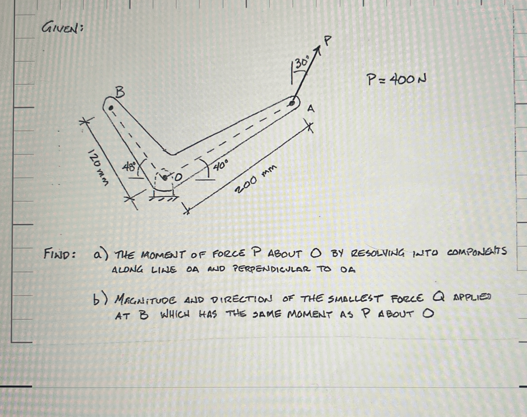 GIVEN: FIND: a ) THE MOMENT OF FORCE P ABOUT O bY