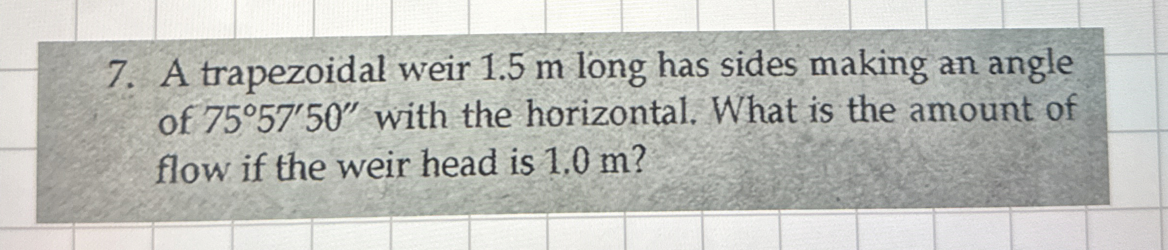 A trapezoidal weir 1 . 5 m long has sides making