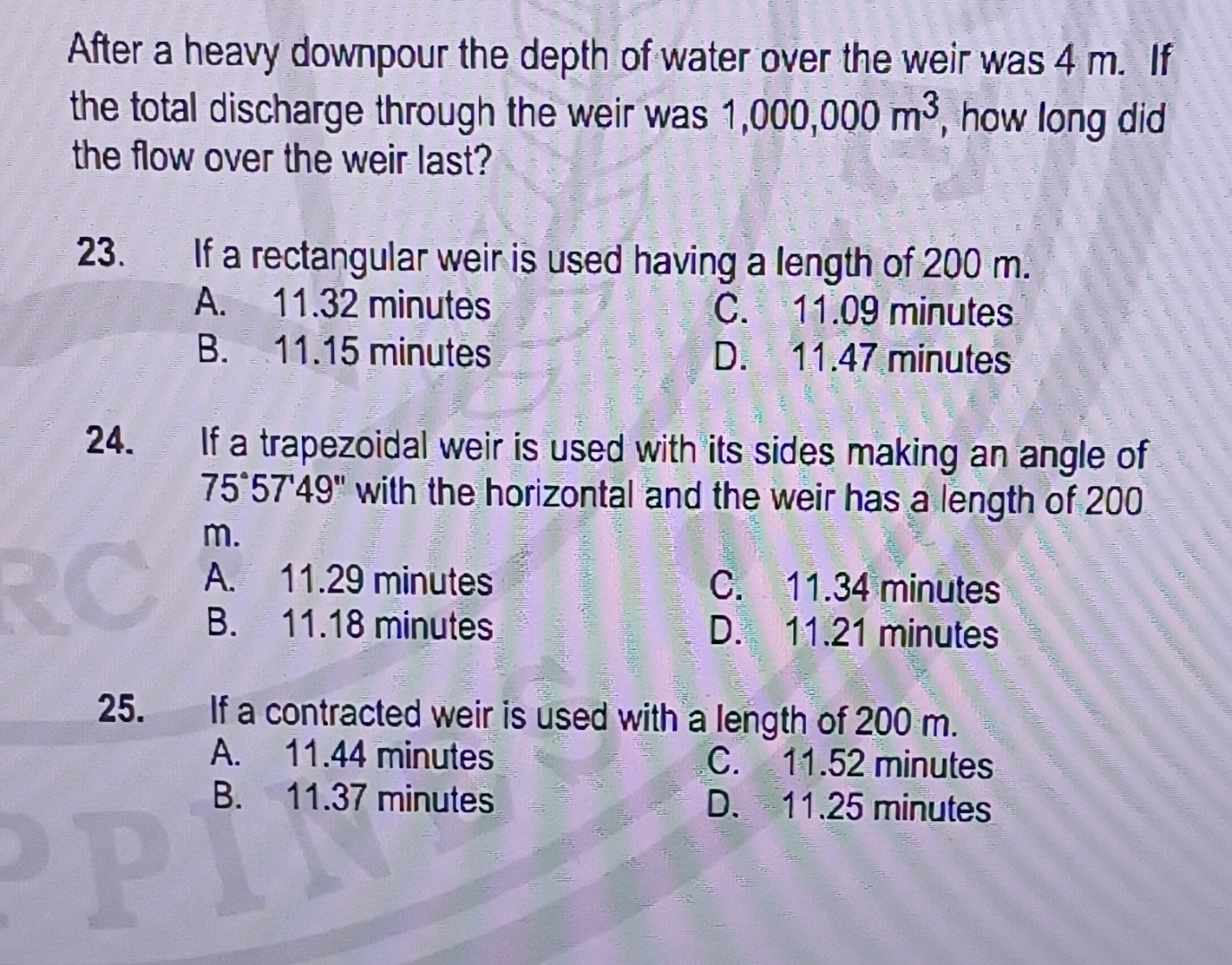 After a heavy downpour the depth of water over