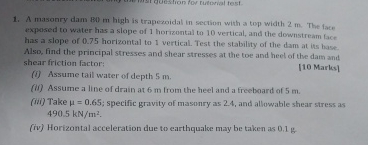 A masonry dam B 0 m high is trapeosidal in