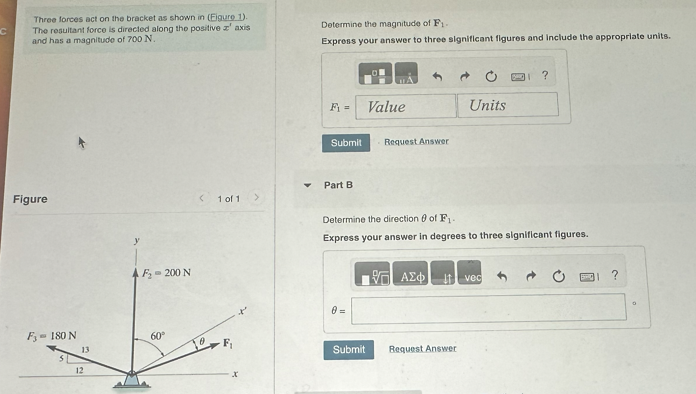 Three larees act on the bracket as shown in (