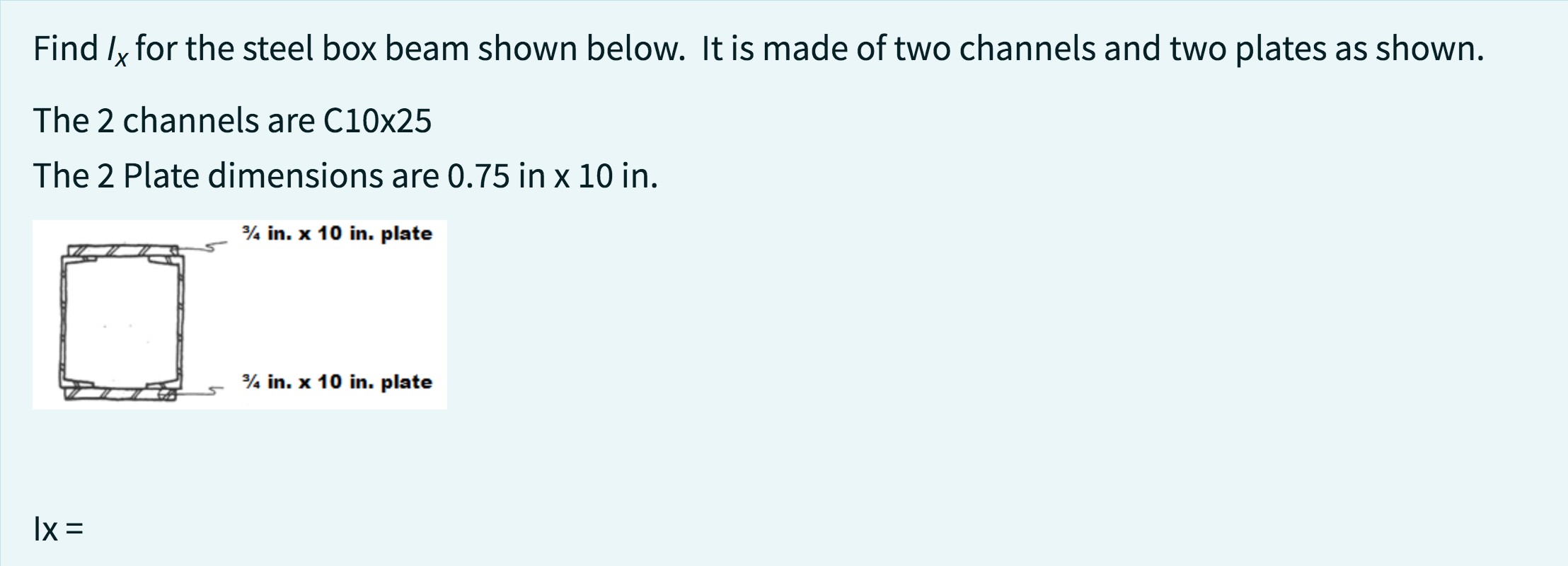 Find I x for the steel box beam shown below. It