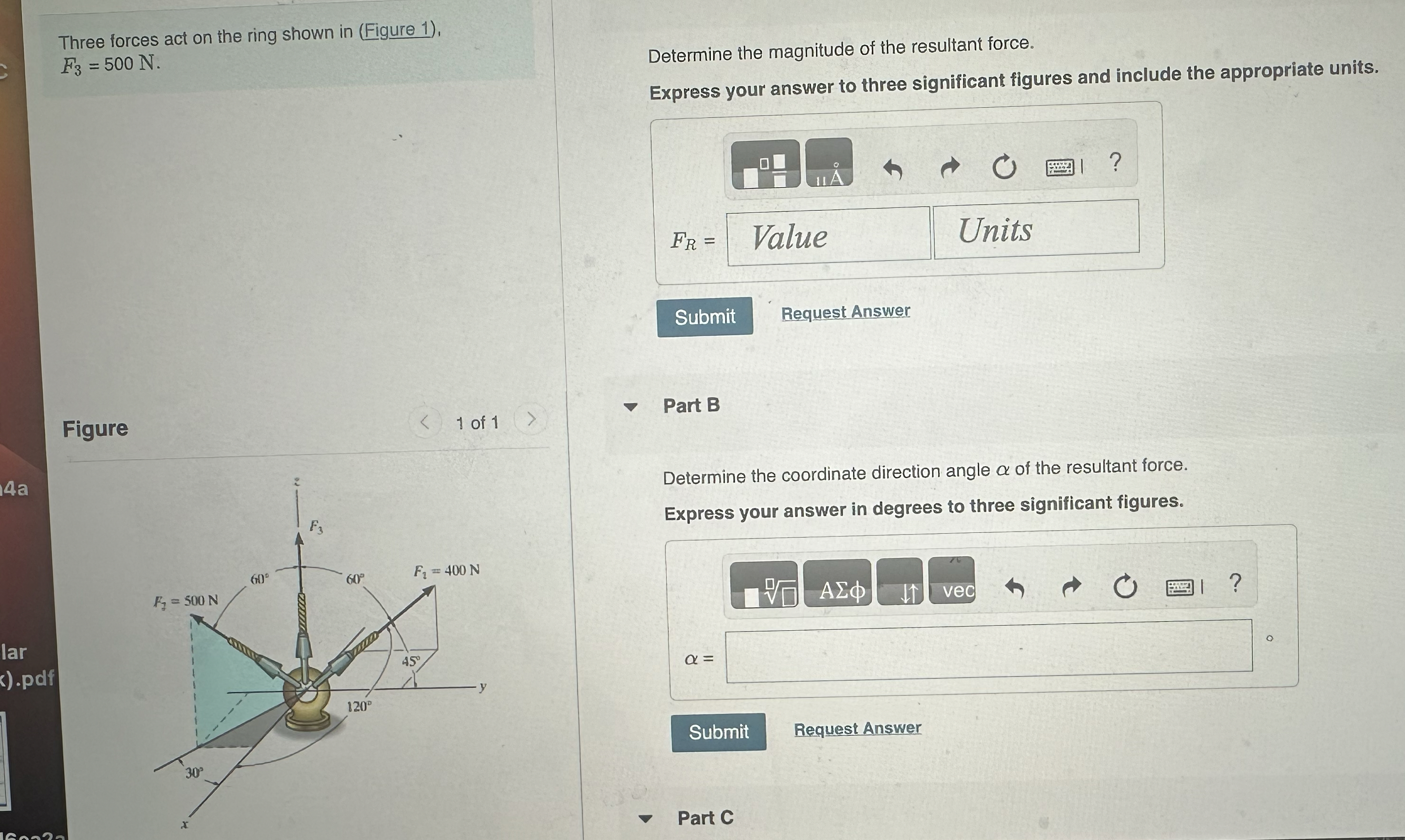 Three forces act on the ring shown in ( Figure 1