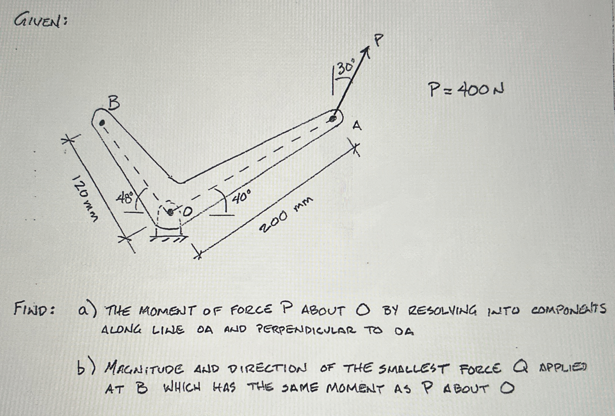 GIVEN: P = 4 0 0 N FIND: a ) THE MOMENT OF FORCE