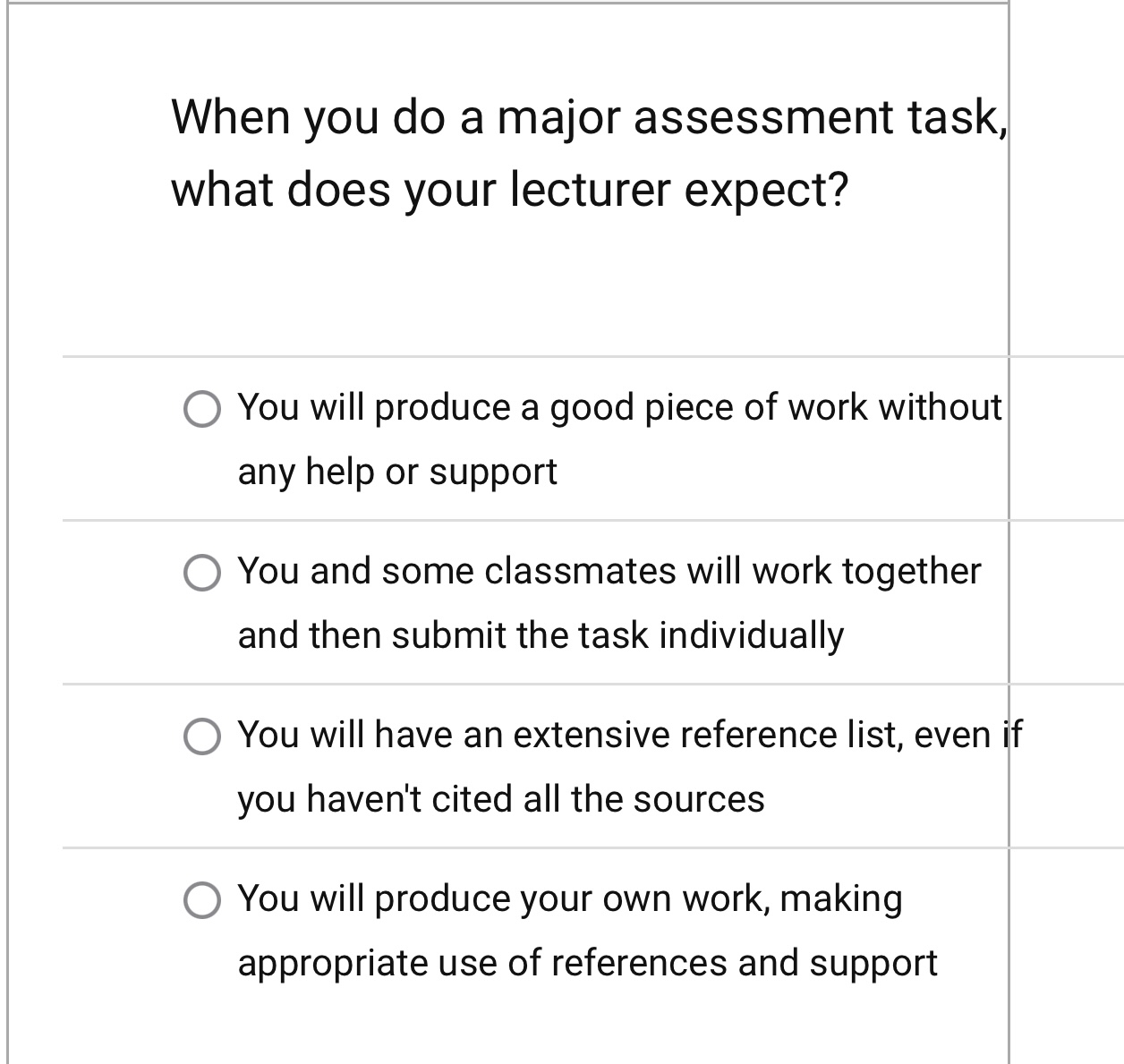 When you do a major assessment task, what does