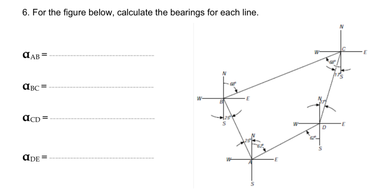 For the figure below, calculate the bearings for