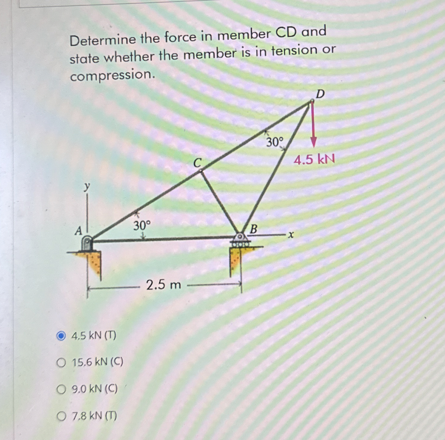 Determine the force in member CD and state