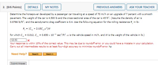 Determine the horsepower developed by a passenger
