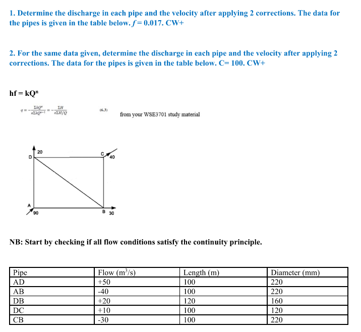 Determine the discharge in each pipe and the