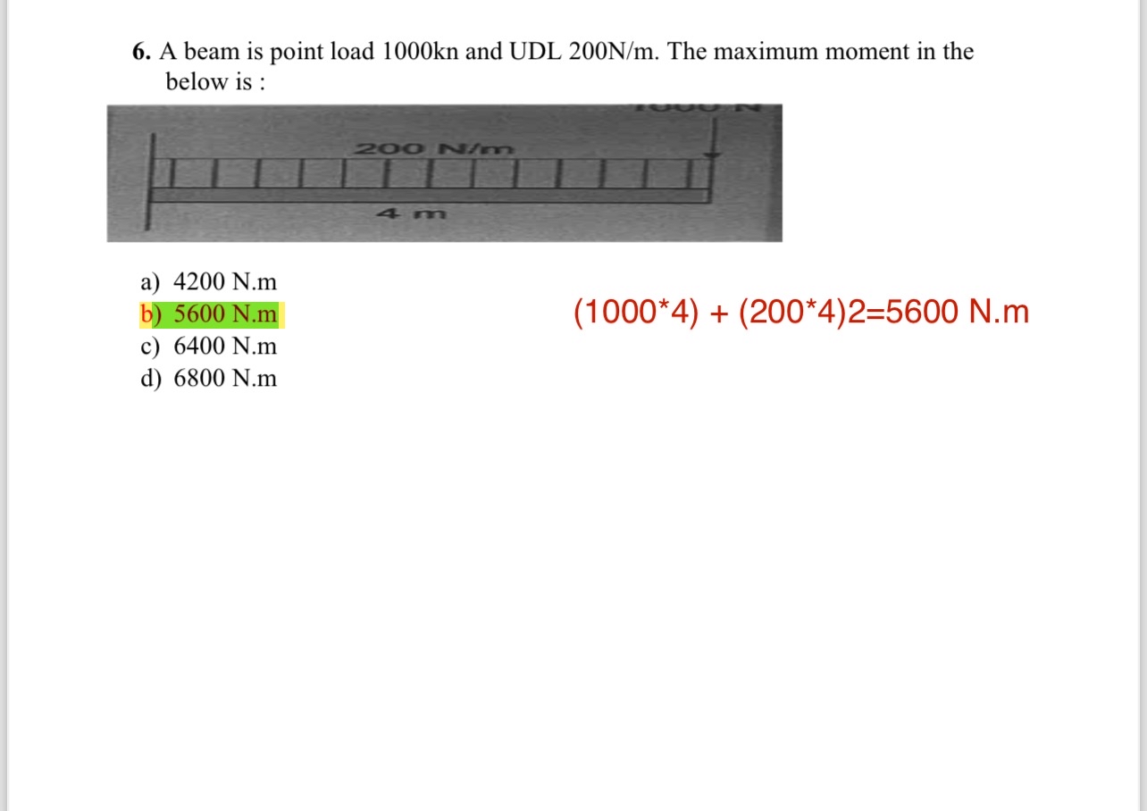 A beam is point load 1 0 0 0 kn and UDL 2 0 0 N m