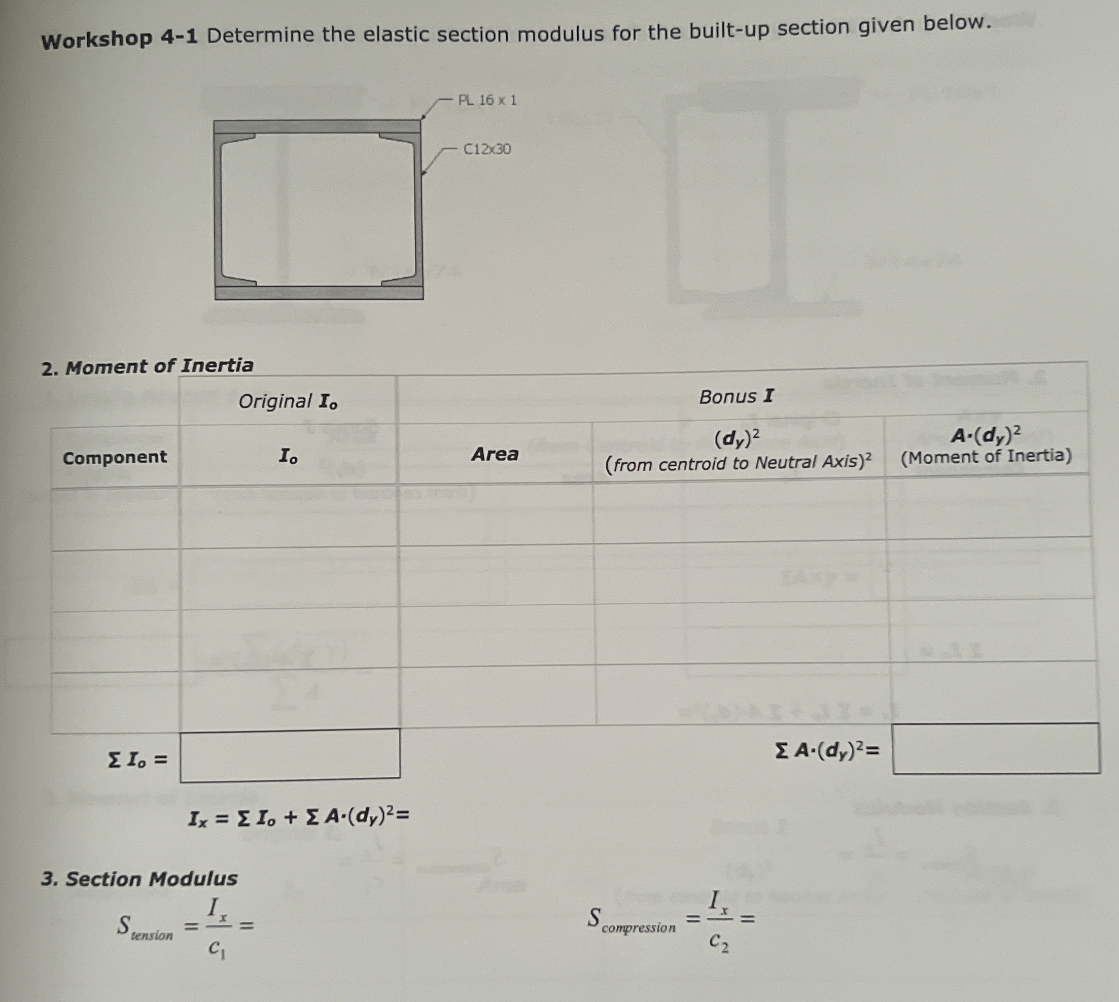 Workshop 4 - 1 Determine the elastic section