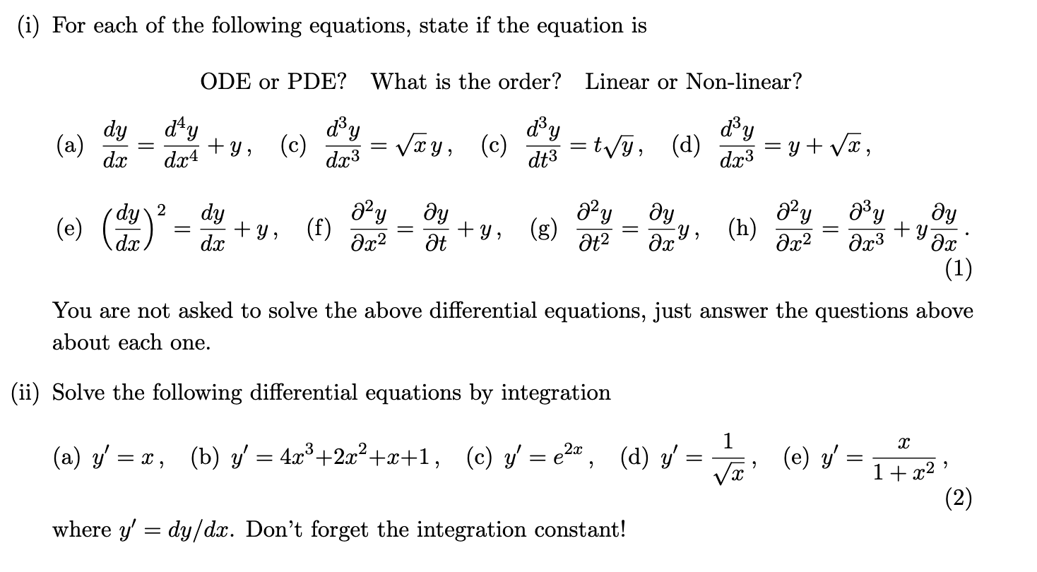 (i) For each of the following equations, state if