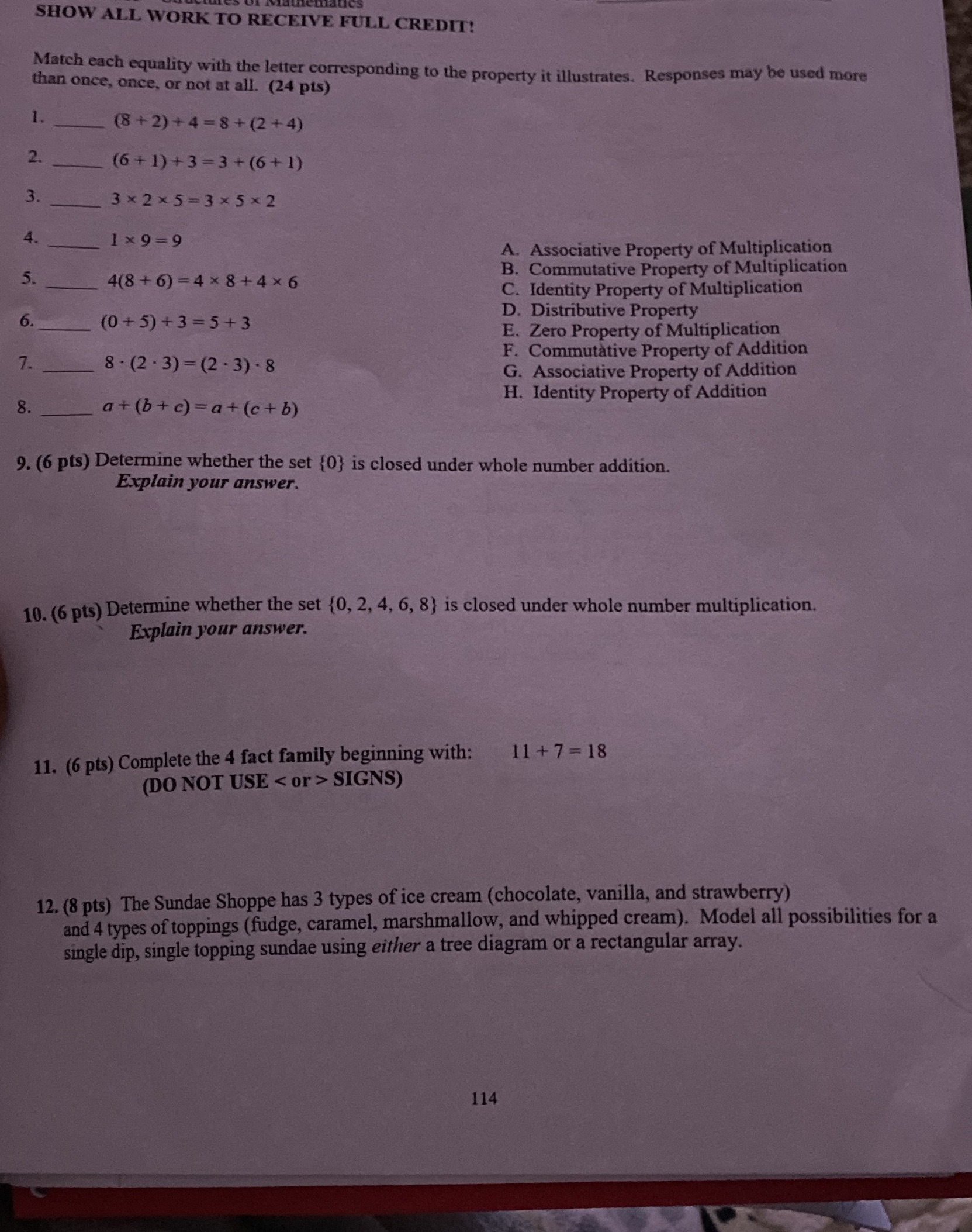 SHOW ALL WORK TO RECEIVE FULL CREDIT! Match each