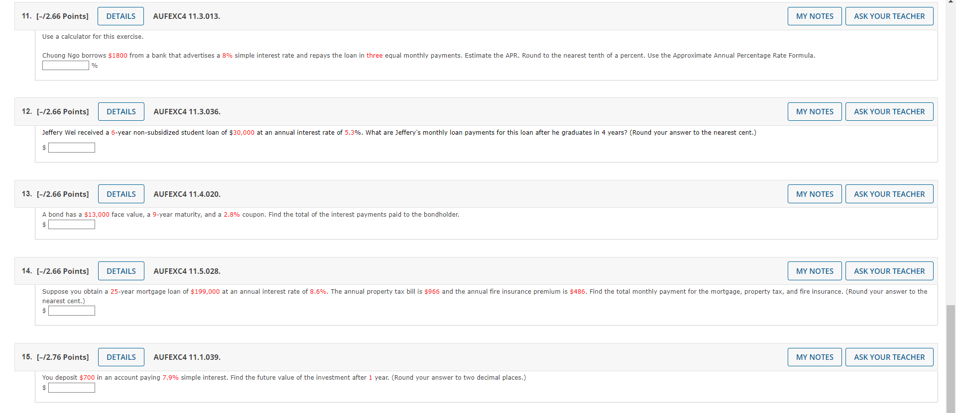 11. [-/2.66 Points] DETAILS AUFEXC4 11.3.013. MY