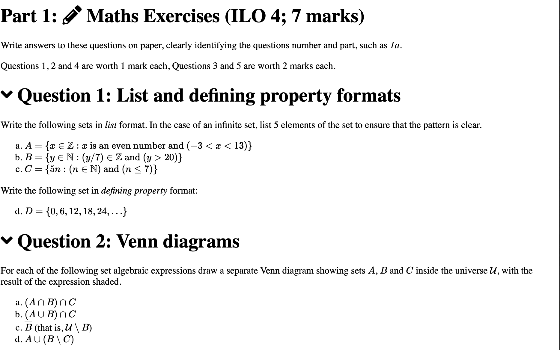 Part 1: f Maths Exercises (ILO 4; 7 marks) Write