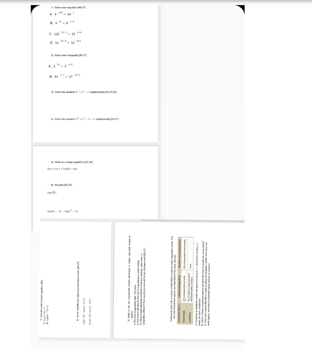 7) Find the roots of each equation. [BC] A log(+