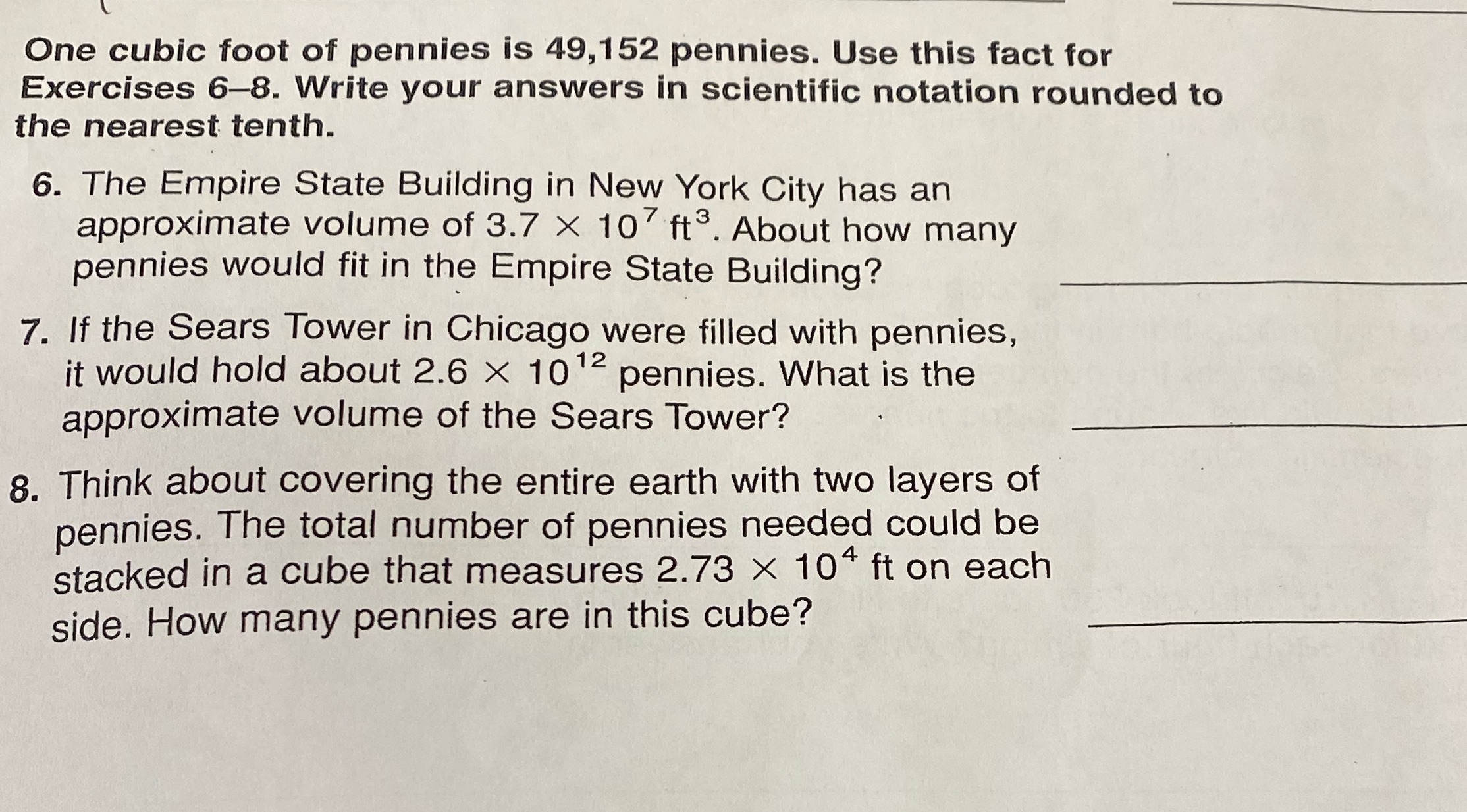 k ' ' x One cubic foot of pennies is