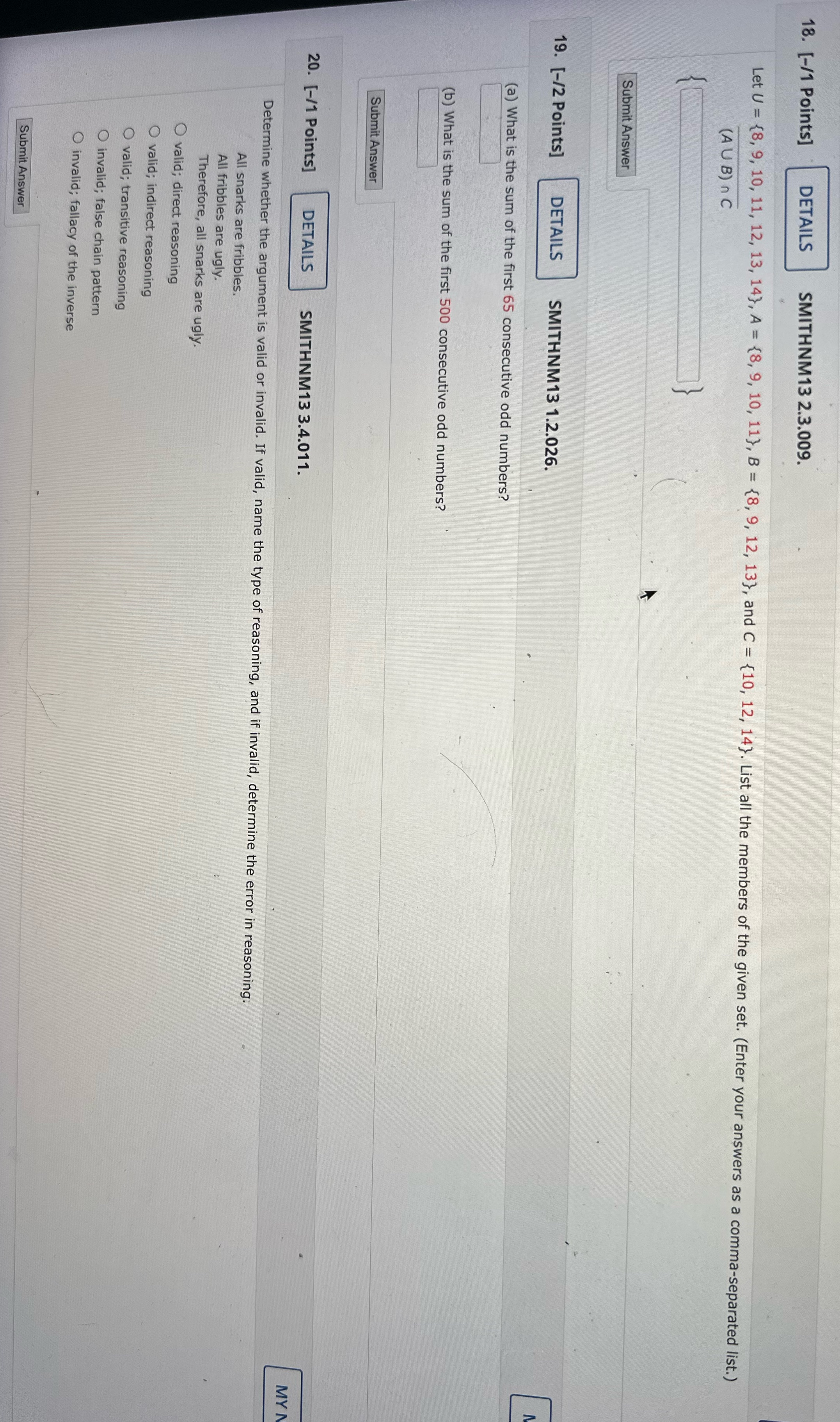 18. [-/1 Points] DETAILS SMITHNM13 2.3.009. Let U