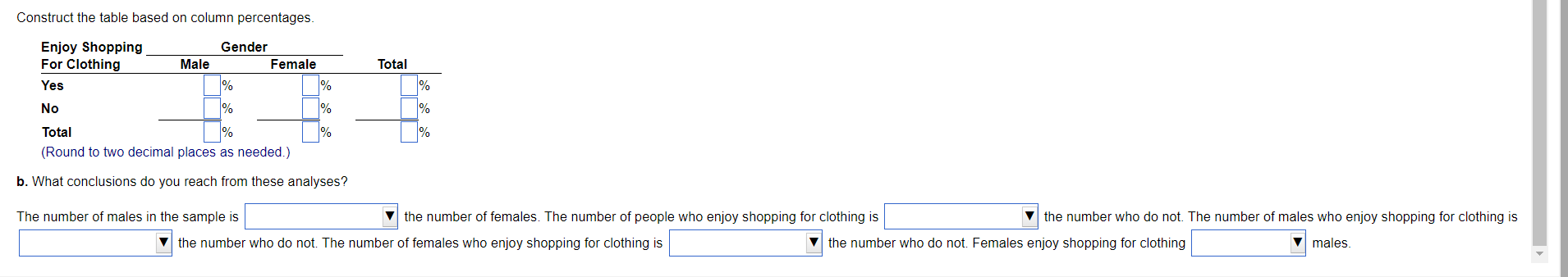 Construct the table based on column percentages,