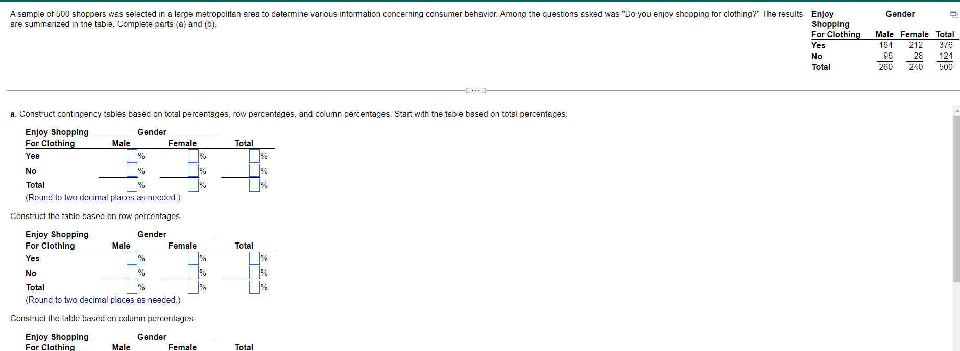 Construct the table based on column percentages,