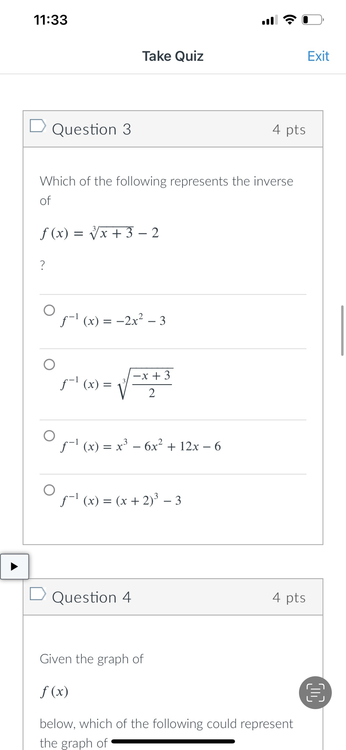 1133 all 4? {E} Take Quiz Exit Given the graph of