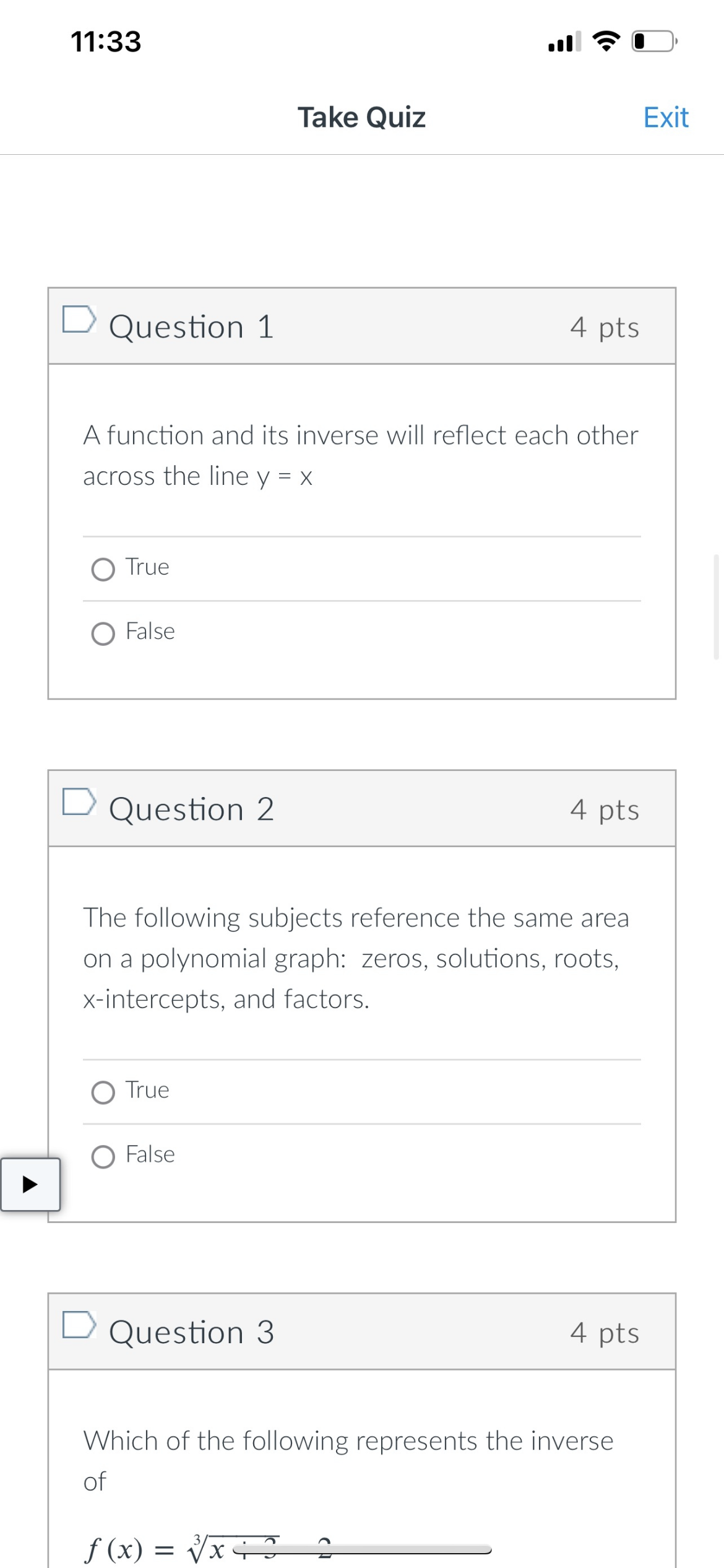 1133 all 4? {E} Take Quiz Exit Given the graph of
