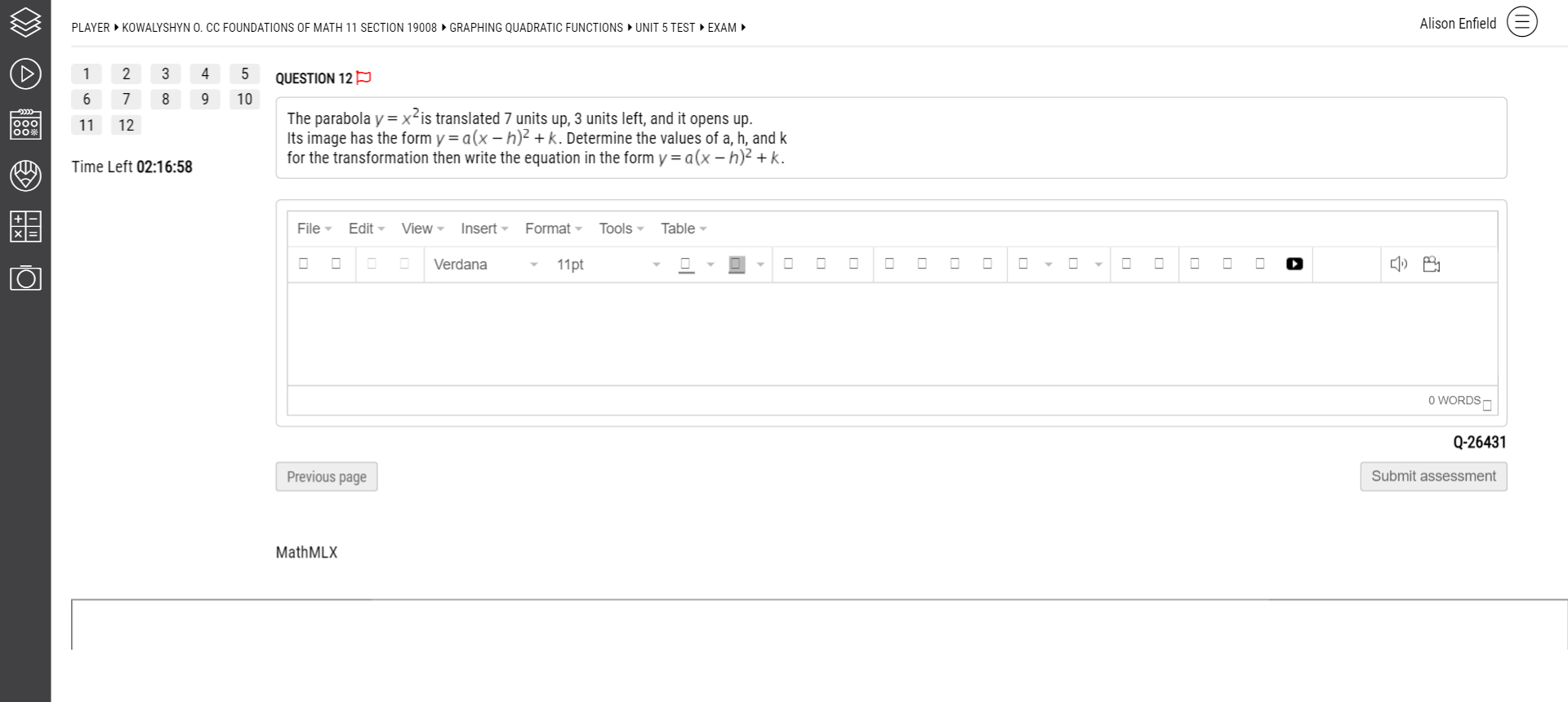 PLAYER KOWALYSHYN O. CC FOUNDATIONS OF MATH 11