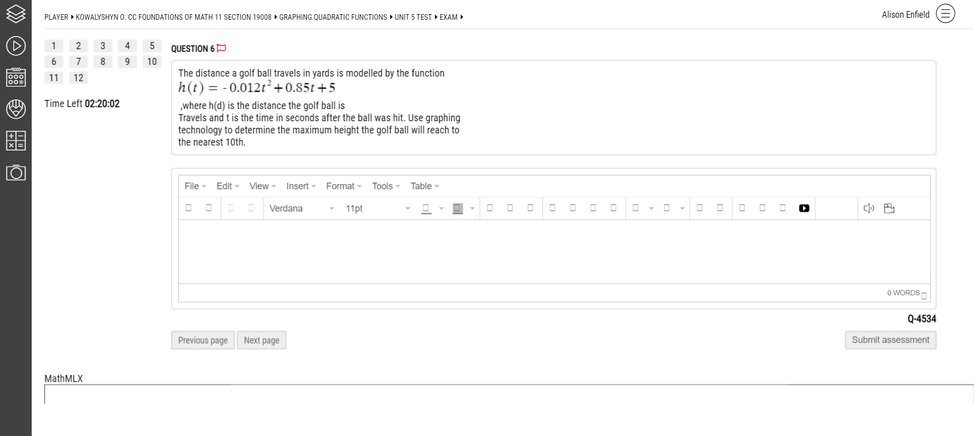 PLAYER KOWALYSHYN O. CC FOUNDATIONS OF MATH 11
