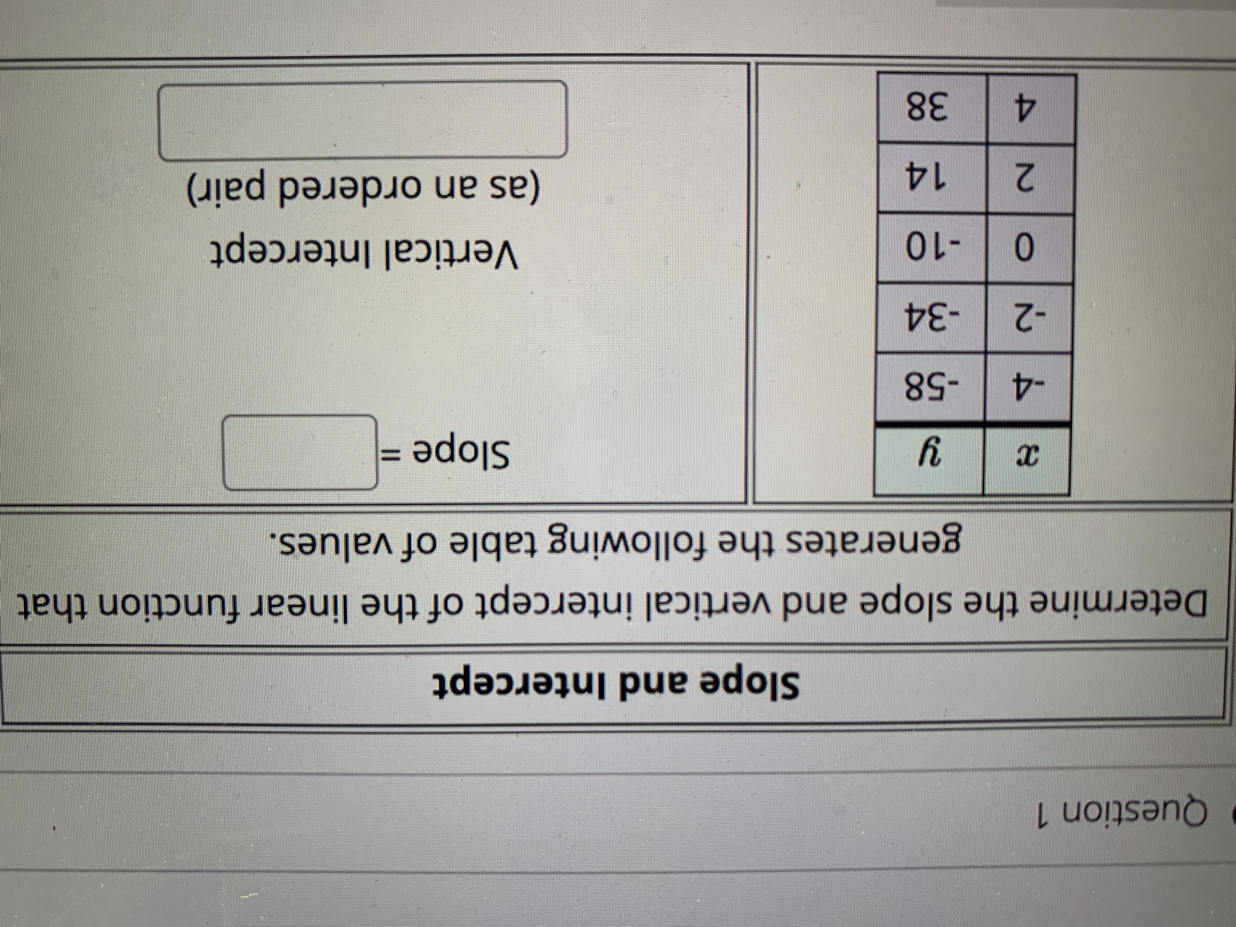 Question 1 Slope and Intercept Determine the