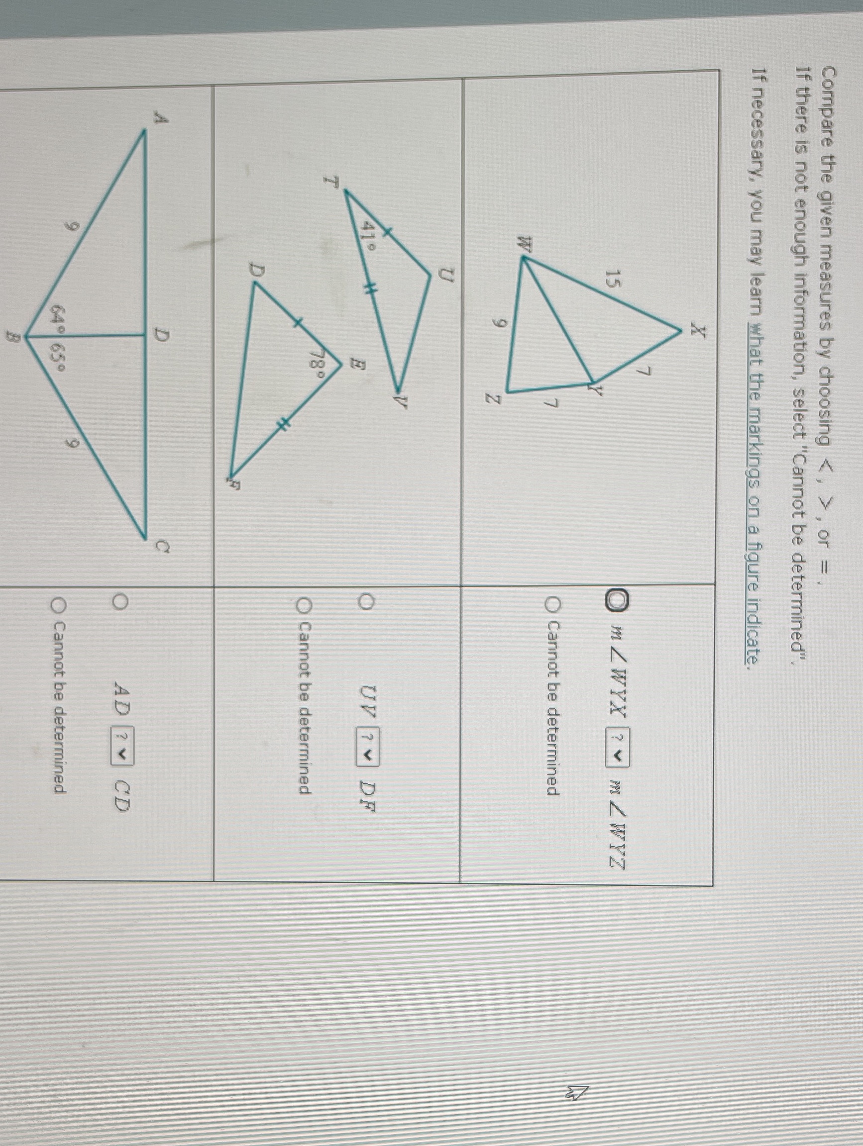 Compare the given measures by choosing , or =. If