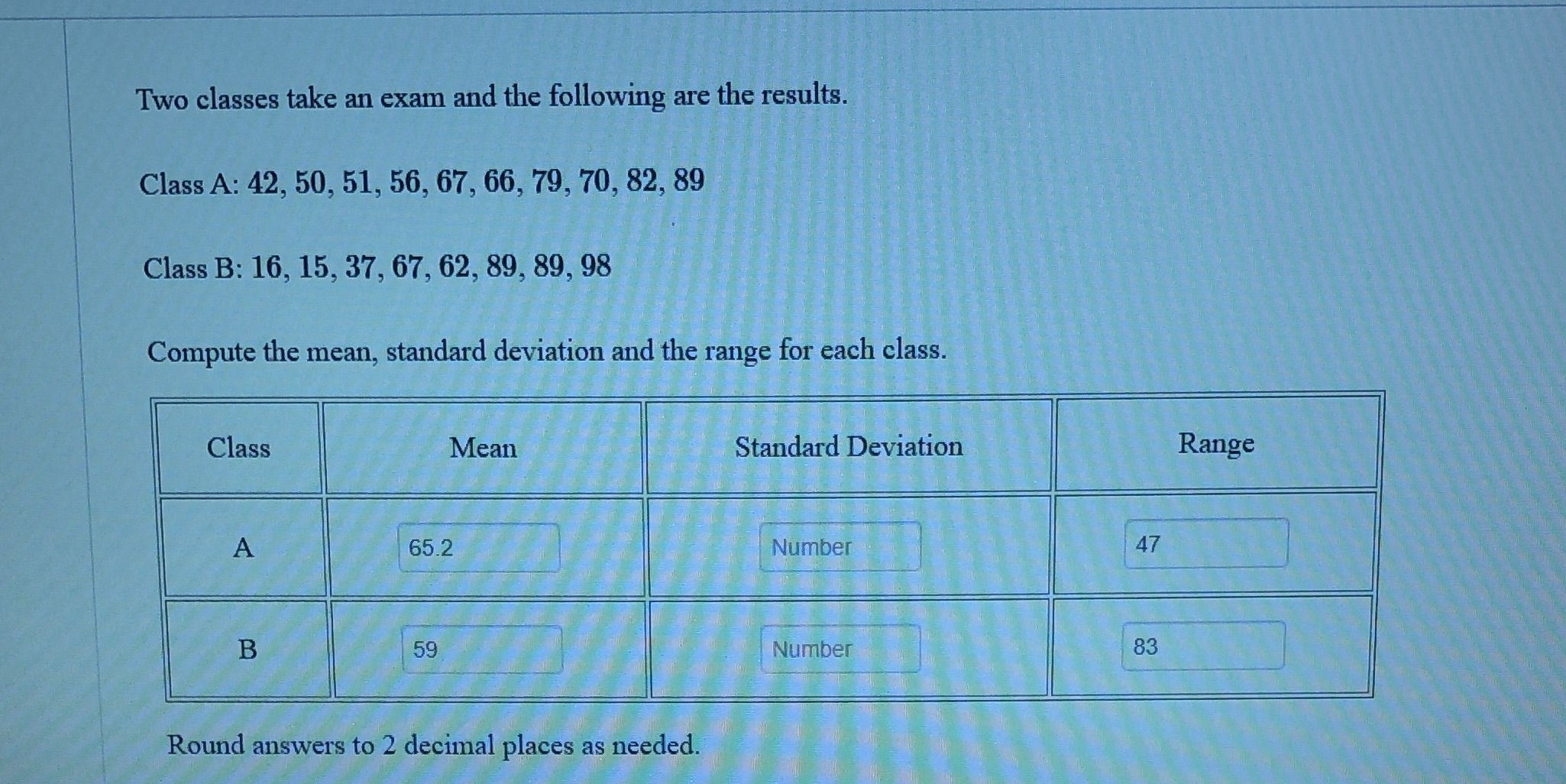 Two classes take an exam and the following are