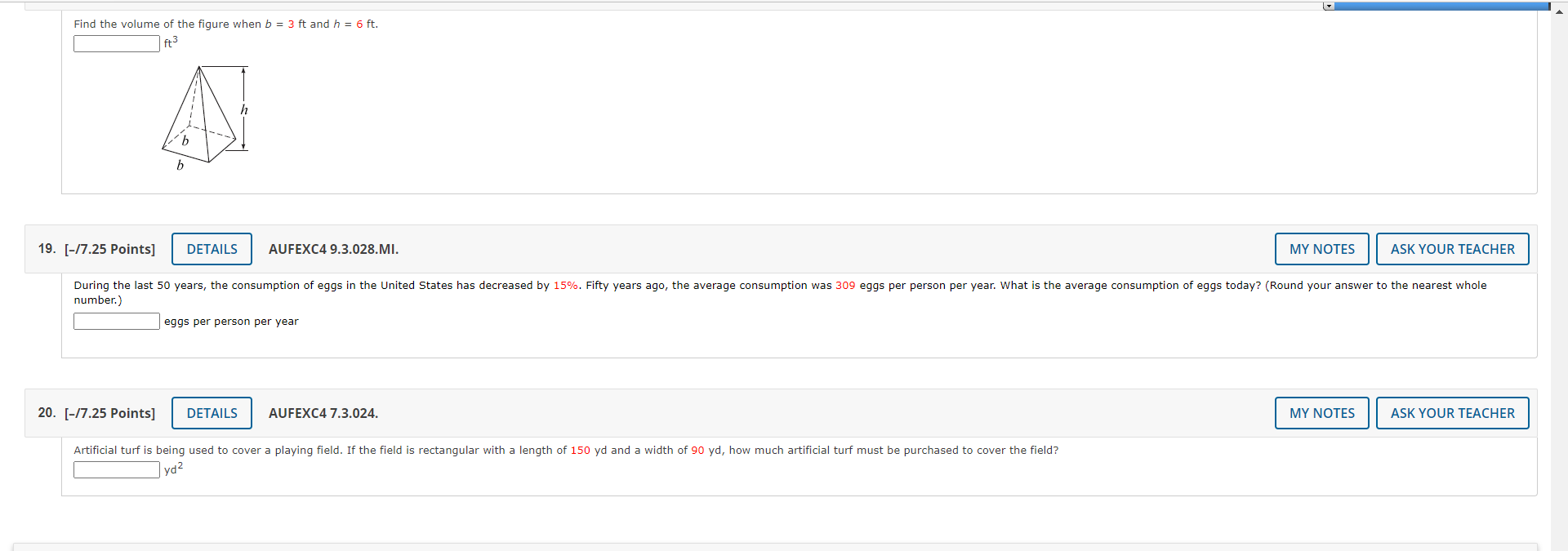 Find the volume of the figure when b = 3 ft and h