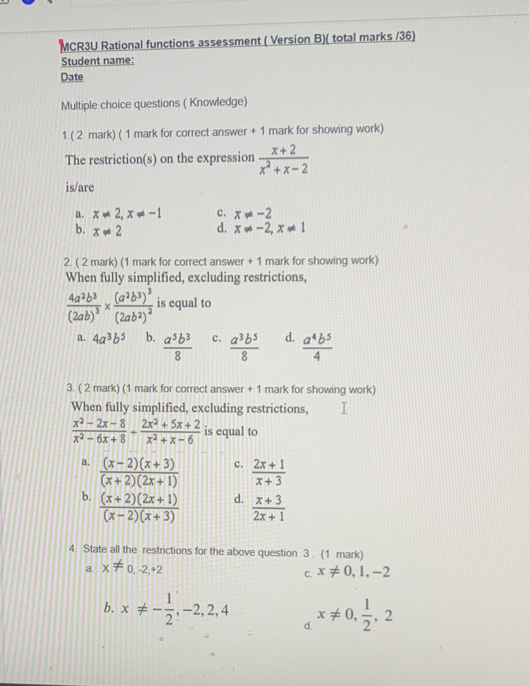This is grade 11 math rational functions MCR3U