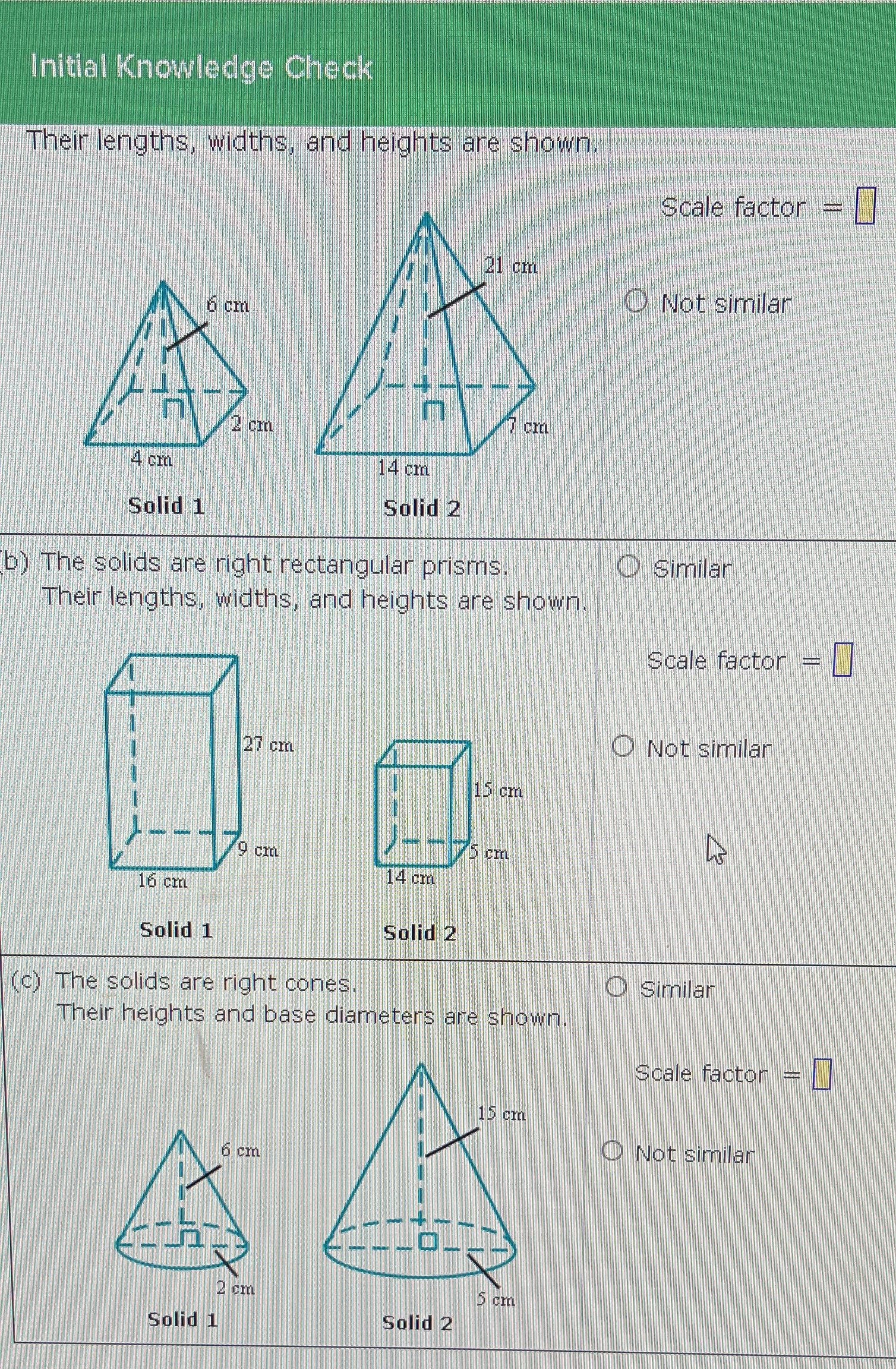 For each pair of solids, determine whether they