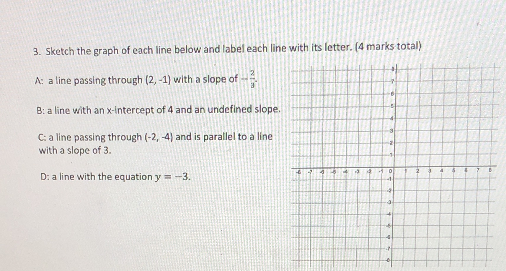 3. Sketch the graph of each line below and label