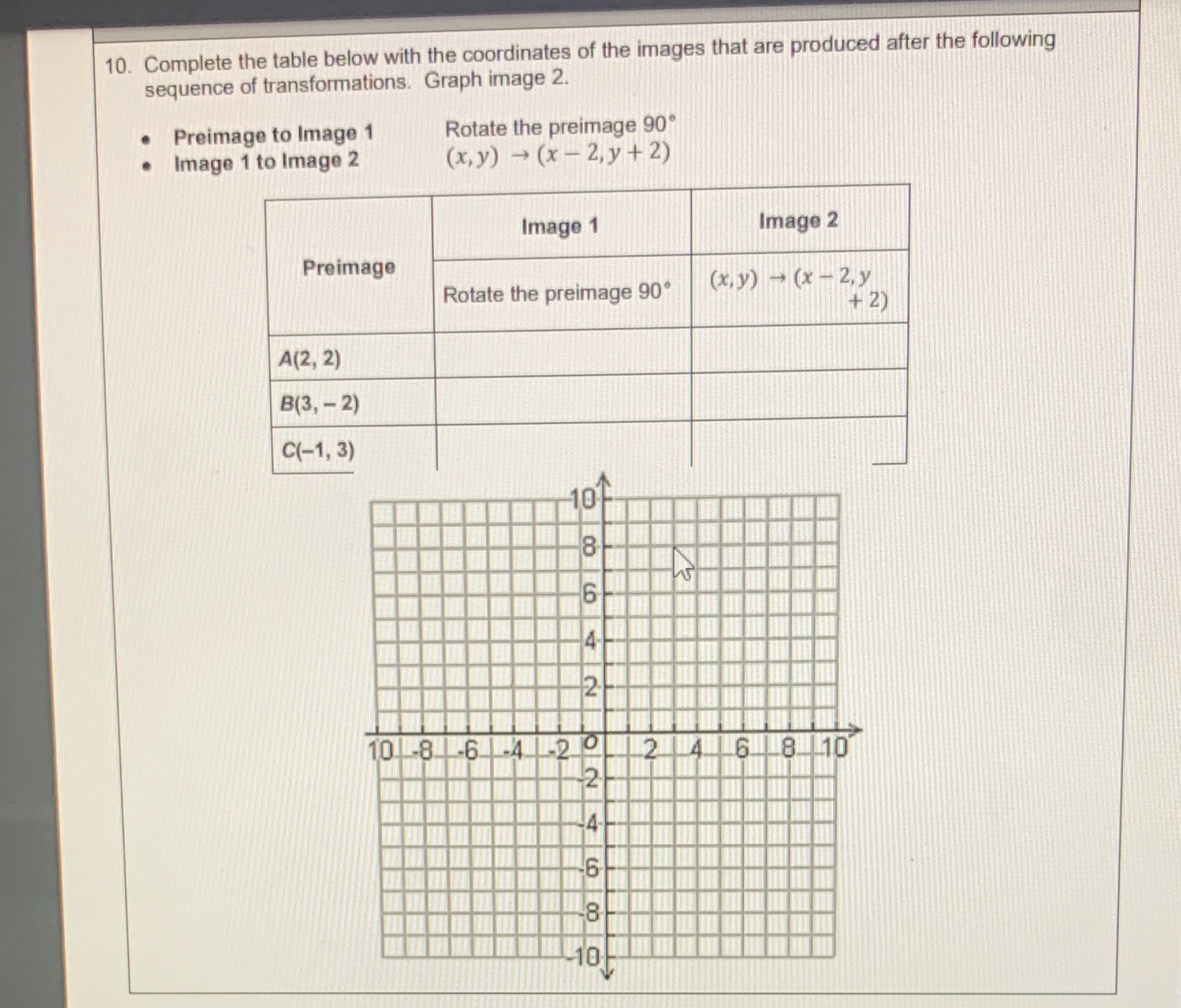 10. Complete the table below with the coordinates