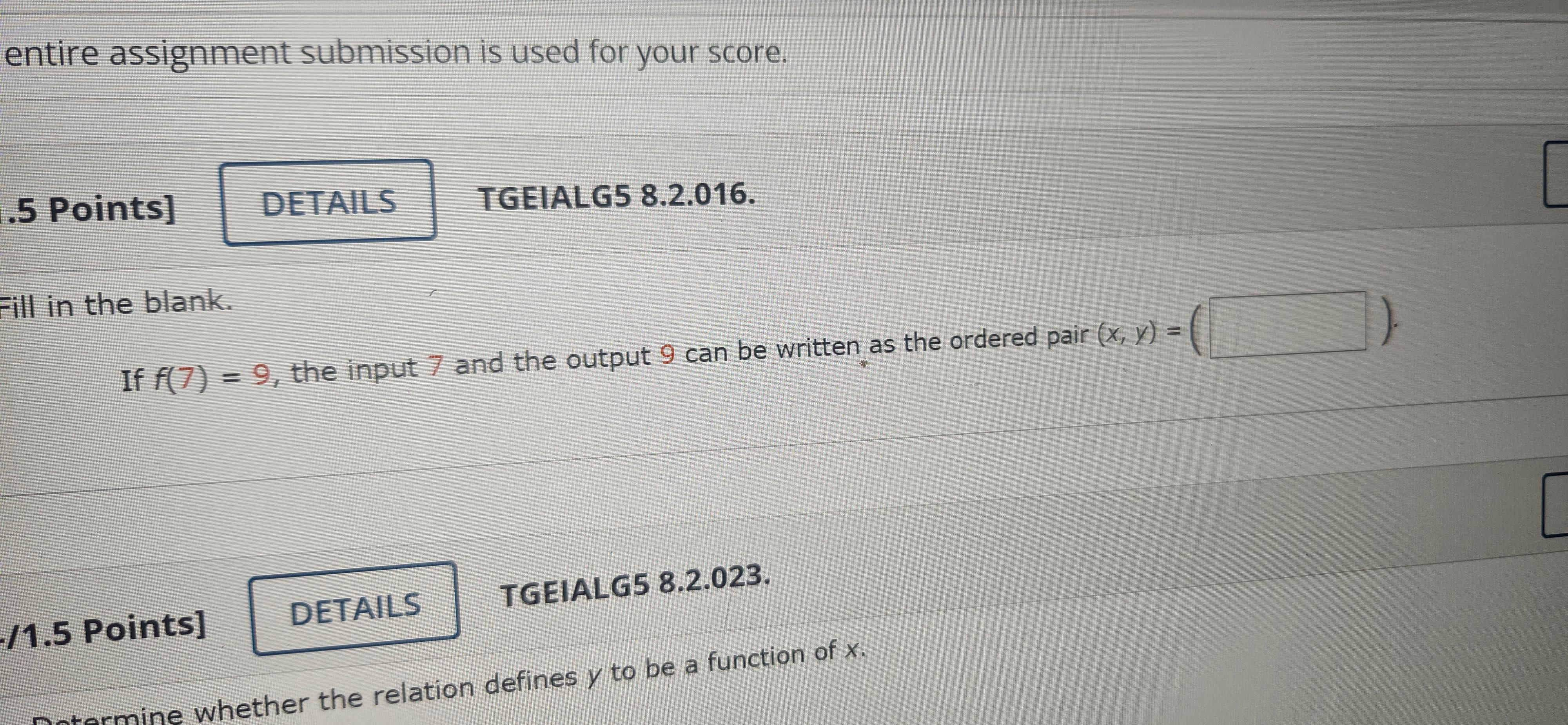 entire assignment submission is used for your