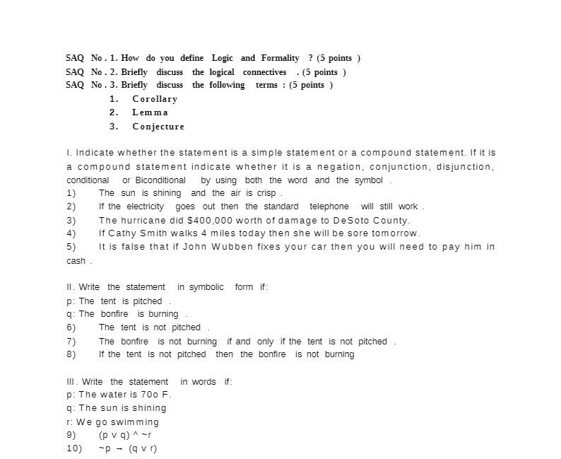 SAQ No. 1. How do you define Logic and Formality
